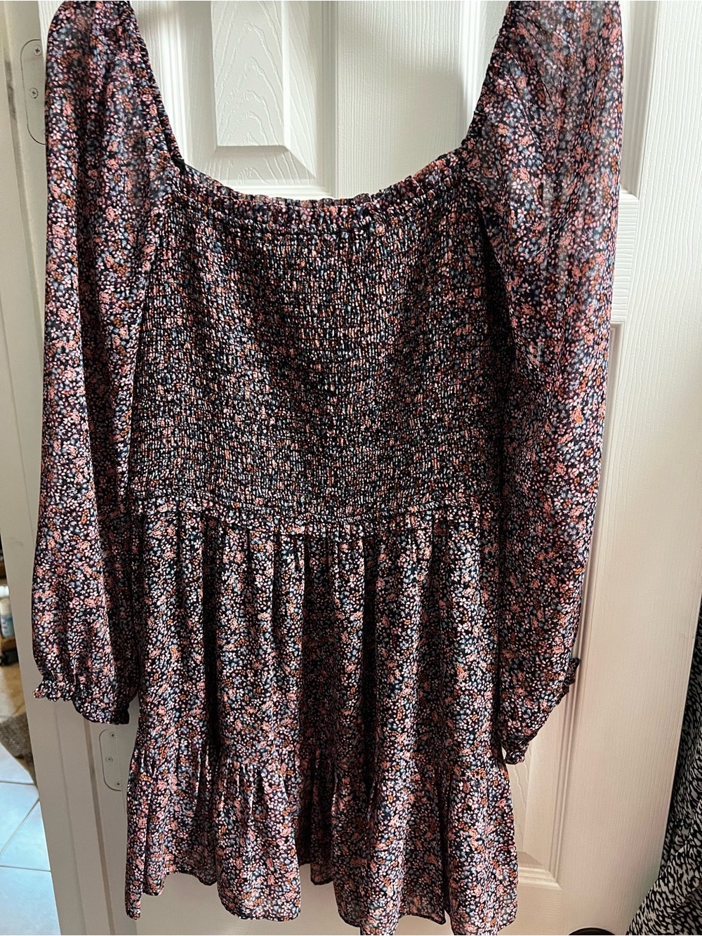 STATE Floral Smocked Long Sleeve Mini Dress in Black with Pink and Blue Floral